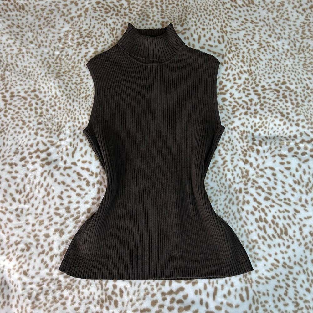 Chico's Ribbed Turtleneck Sleeveless Tank Top Size 2 Brown Silk Blend